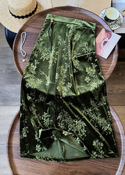 Chinese Style Green Print Back Open High Waist Silk Velvet Skirts