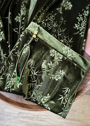 Chinese Style Green Print Back Open High Waist Silk Velvet Skirts