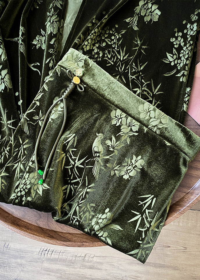 Chinese Style Green Print Back Open High Waist Silk Velvet Skirts