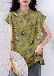 Chinese Style Green Print Button Silk Shirt Summer