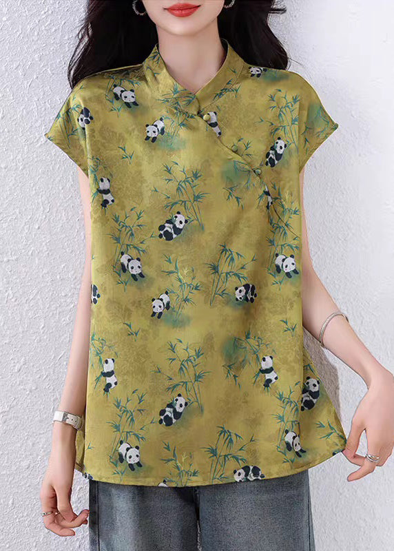 Chinese Style Green Print Button Silk Shirt Summer