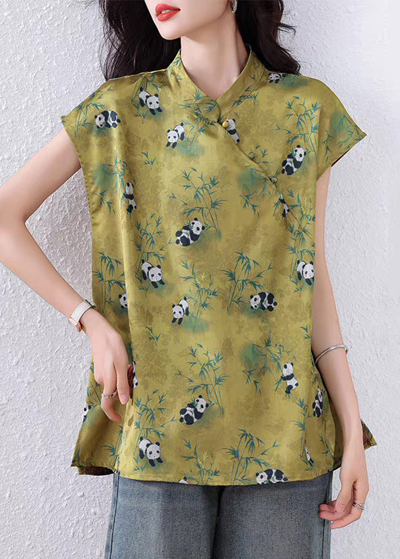 Chinese Style Green Print Button Silk Shirt Summer