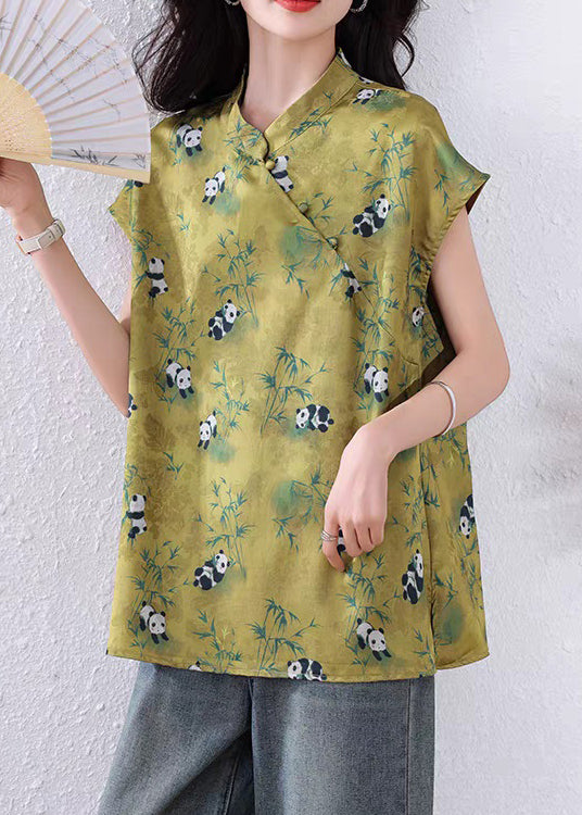 Chinese Style Green Print Button Silk Shirt Summer
