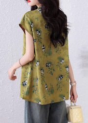Chinese Style Green Print Button Silk Shirt Summer