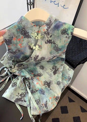 Chinese Style Green Print Lace Up Cotton Blouses Summer
