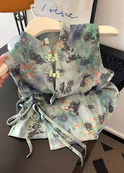 Chinese Style Green Print Lace Up Cotton Blouses Summer