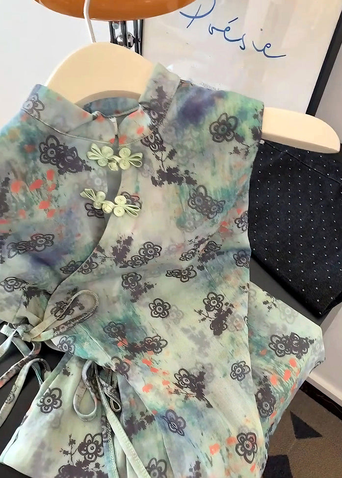 Chinese Style Green Print Lace Up Cotton Blouses Summer