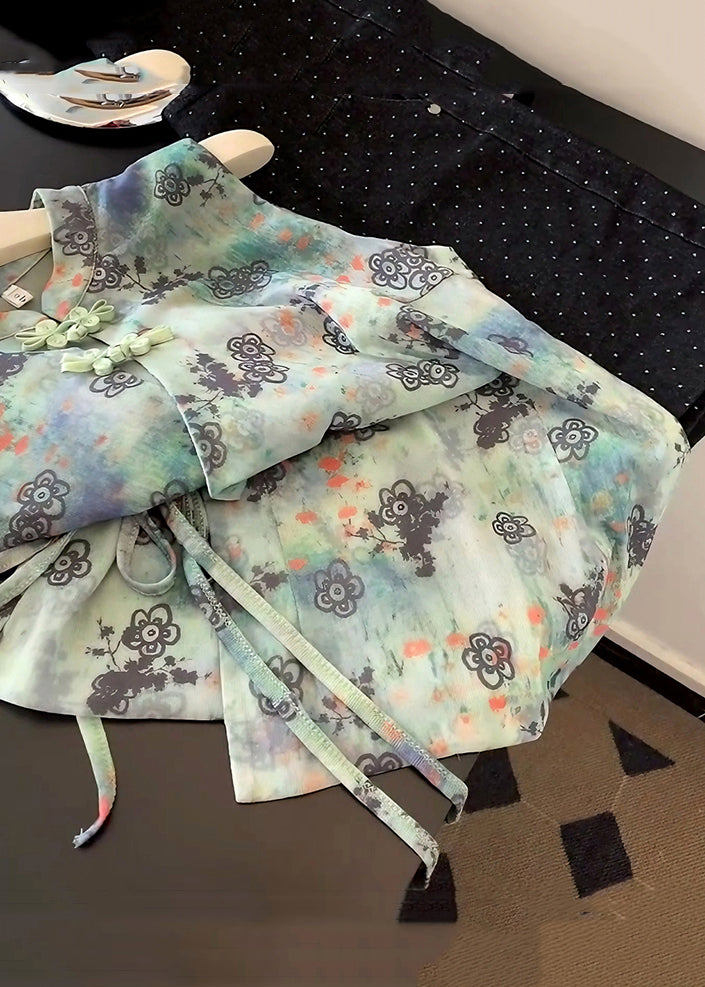 Chinese Style Green Print Lace Up Cotton Blouses Summer