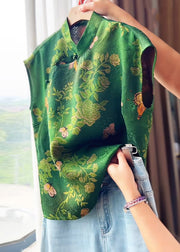 Chinese Style Green Print Silk Oriental Top Summer