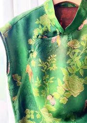 Chinese Style Green Print Silk Oriental Top Summer