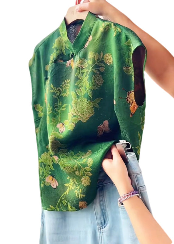Chinese Style Green Print Silk Oriental Top Summer