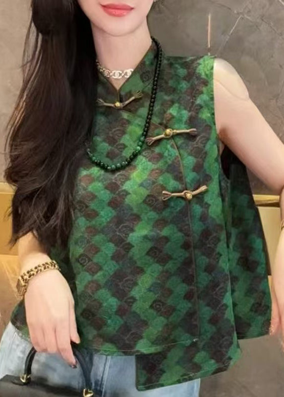 Chinese Style Green Print Silk Oriental Vests Sleeveless