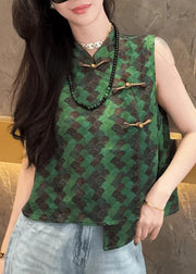 Chinese Style Green Print Silk Oriental Vests Sleeveless