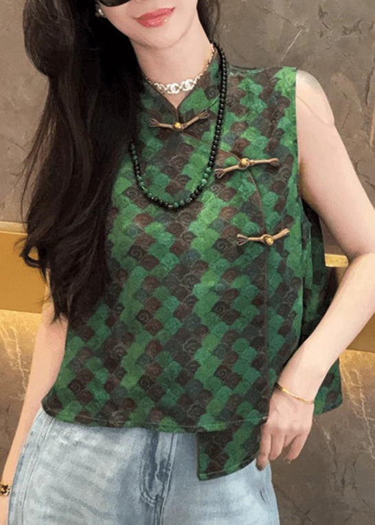 Chinese Style Green Print Silk Oriental Vests Sleeveless
