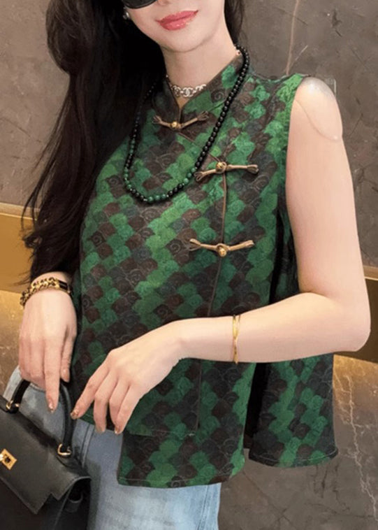 Chinese Style Green Print Silk Oriental Vests Sleeveless