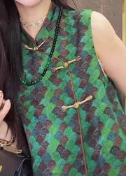 Chinese Style Green Print Silk Oriental Vests Sleeveless