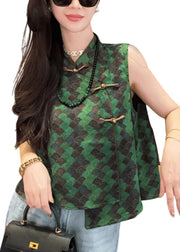 Chinese Style Green Print Silk Oriental Vests Sleeveless