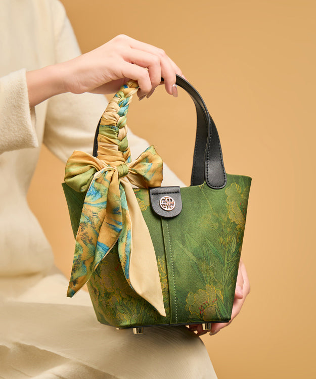 Chinese Style Green Print Silk Versatile Tote Handbag