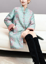 Chinese Style Green Stand Collar Button Pockets Thick Coats Fall