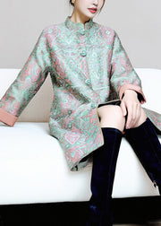 Chinese Style Green Stand Collar Button Pockets Thick Coats Fall