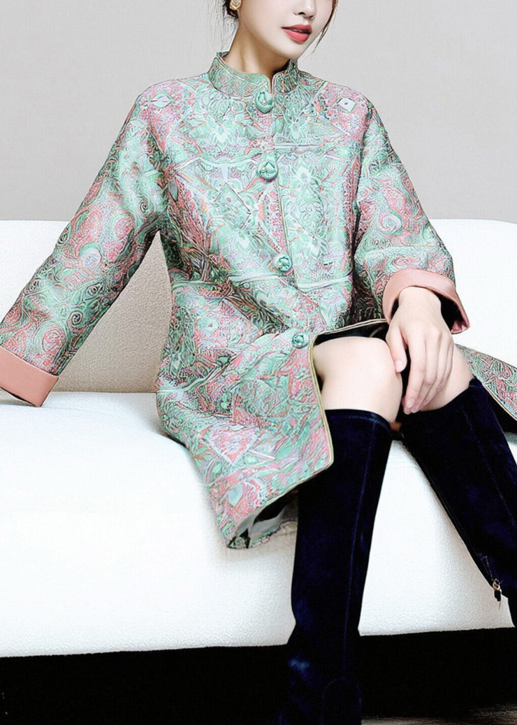 Chinese Style Green Stand Collar Button Pockets Thick Coats Fall