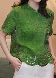 Chinese Style Green Stand Collar Hollow Out Cotton Blouse Summer