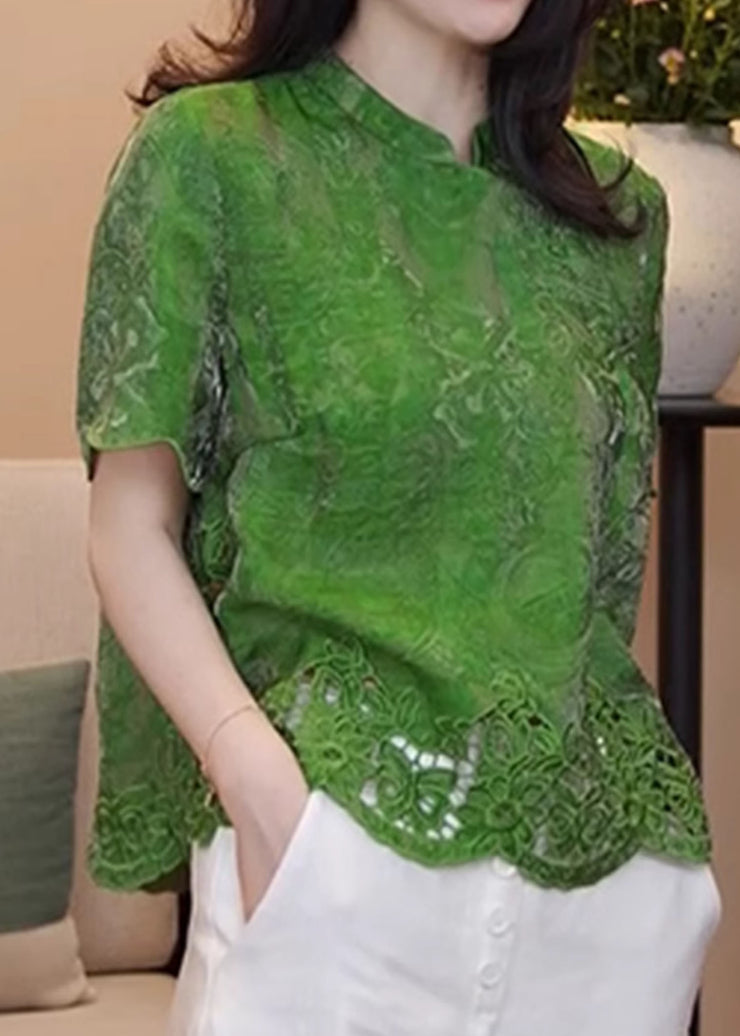 Chinese Style Green Stand Collar Hollow Out Cotton Blouse Summer