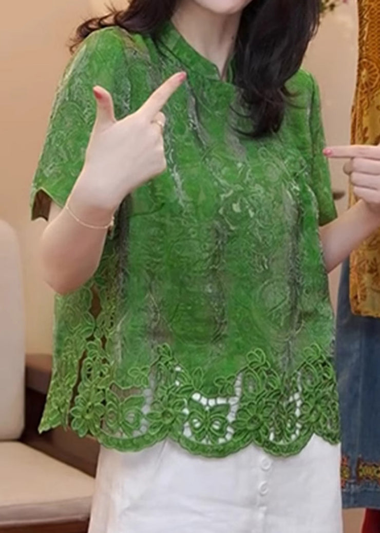 Chinese Style Green Stand Collar Hollow Out Cotton Blouse Summer