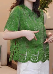 Chinese Style Green Stand Collar Hollow Out Cotton Blouse Summer