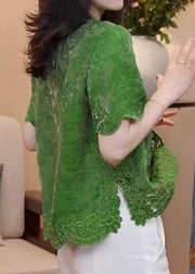 Chinese Style Green Stand Collar Hollow Out Cotton Blouse Summer