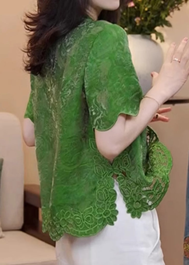 Chinese Style Green Stand Collar Hollow Out Cotton Blouse Summer