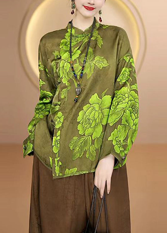 Chinese Style Green Stand Collar Jacquard Silk Shirt Top Fall