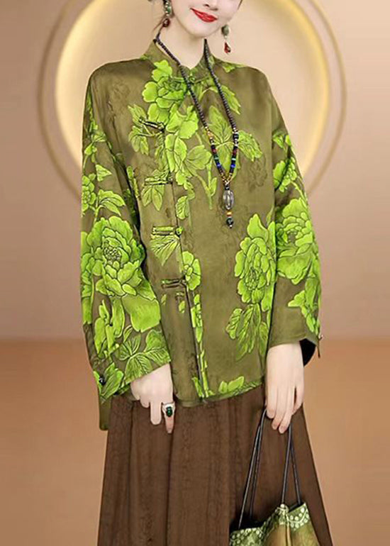 Chinese Style Green Stand Collar Jacquard Silk Shirt Top Fall
