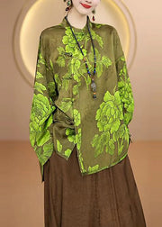 Chinese Style Green Stand Collar Jacquard Silk Shirt Top Fall