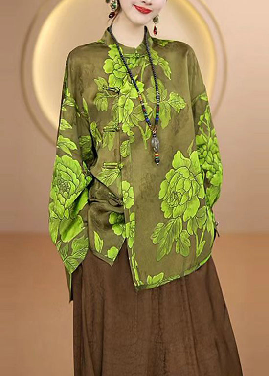 Chinese Style Green Stand Collar Jacquard Silk Shirt Top Fall