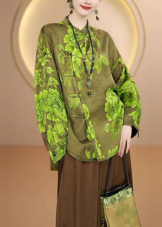 Chinese Style Green Stand Collar Jacquard Silk Shirt Top Fall