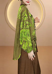 Chinese Style Green Stand Collar Jacquard Silk Shirt Top Fall