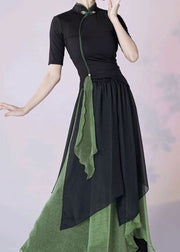 Chinese Style Green Tops And Skirts Silk Two-Piece Set Summer