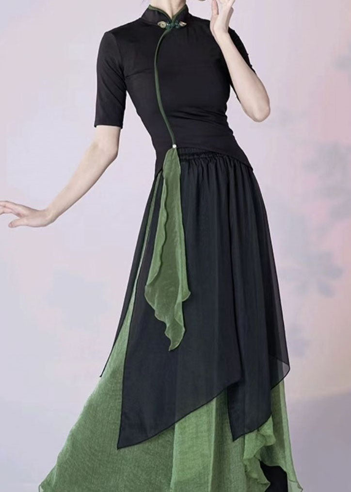 Chinese Style Green Tops And Skirts Silk Two-Piece Set Summer