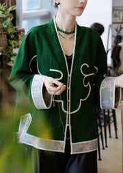 Chinese Style Green V Neck Patchwork Cotton Cardigan Fall