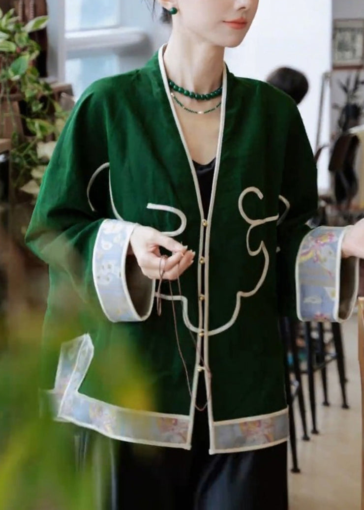 Chinese Style Green V Neck Patchwork Cotton Cardigan Fall