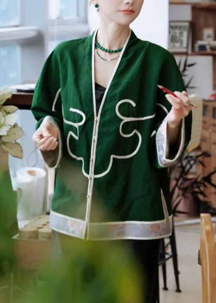 Chinese Style Green V Neck Patchwork Cotton Cardigan Fall