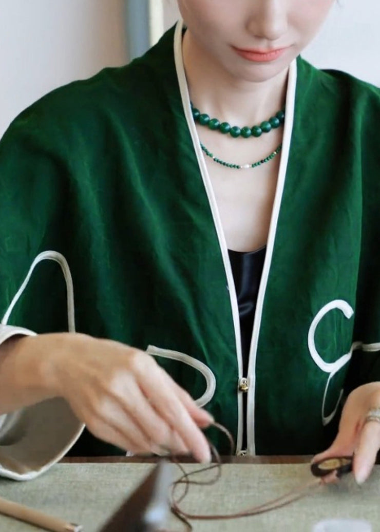 Chinese Style Green V Neck Patchwork Cotton Cardigan Fall