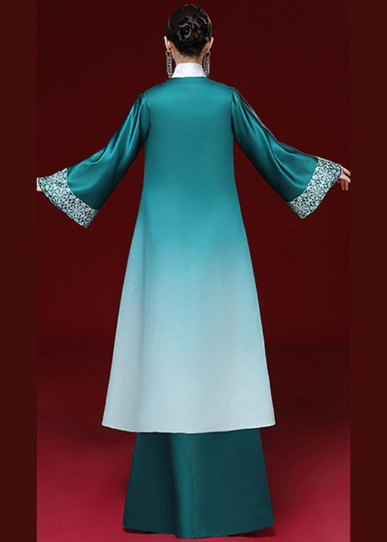 Chinese Style Green V Neck Patchwork Silk Two Piece Set Outfits Long Sleeve