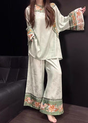 Chinese Style Light Green Jacquard Ice Silk Pajama Sets Fall