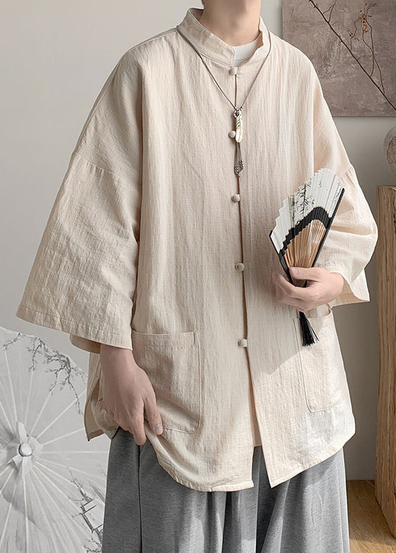 Chinese Style Light Khaki Button Pockets Oversized Linen Men Shirt