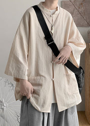 Chinese Style Light Khaki Button Pockets Oversized Linen Men Shirt