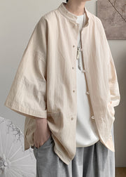 Chinese Style Light Khaki Button Pockets Oversized Linen Men Shirt