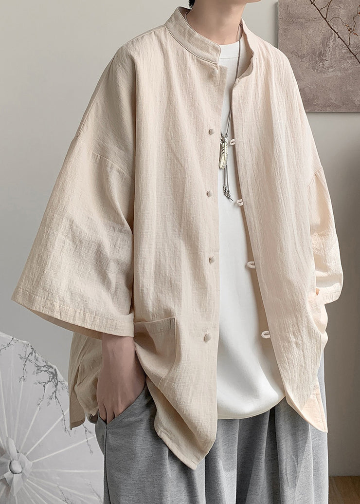 Chinese Style Light Khaki Button Pockets Oversized Linen Men Shirt