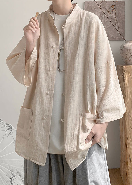 Chinese Style Light Khaki Button Pockets Oversized Linen Men Shirt